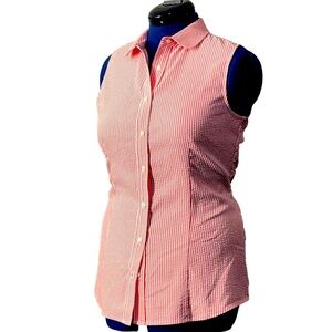 Anne Klein Women’s Sleeveless Front Button Down Collared Striped Pink Shirt Sz 8